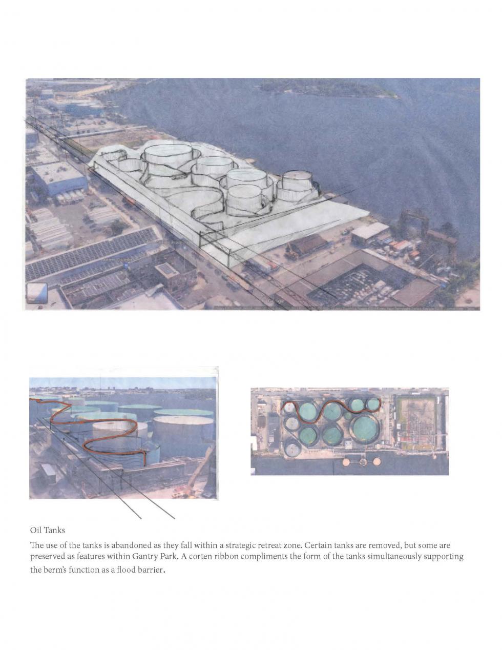 Rendering of an industrial site with an overlaid drawing of wavy building structures.