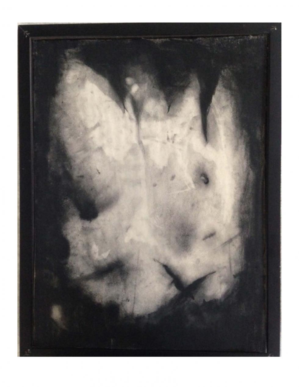 Charcoal artwork of a torso with a black background.