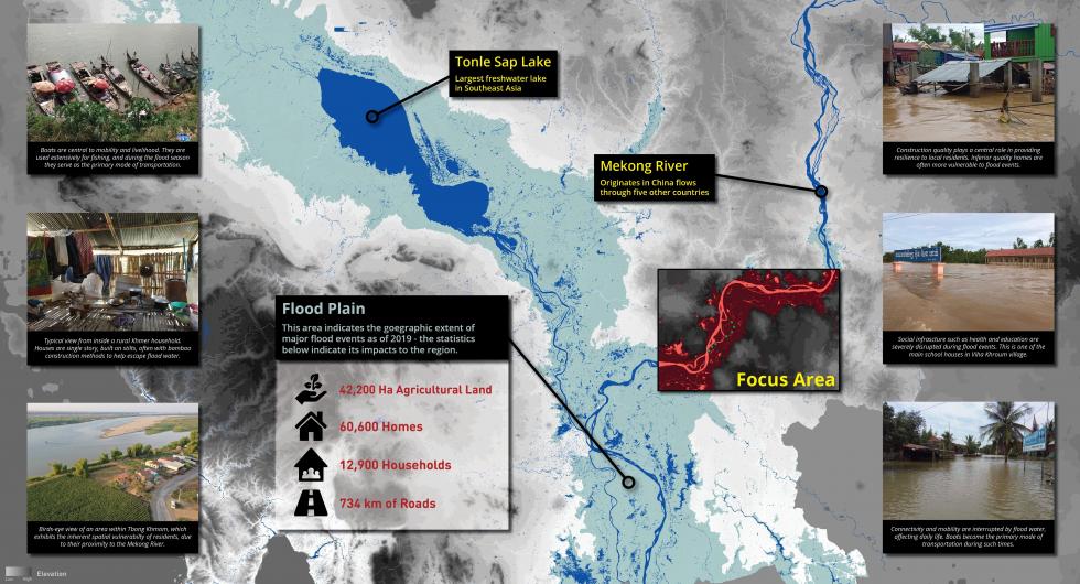 Artistic rendering of a map outlining a flood plain with images of floods in the perimeter of the map.