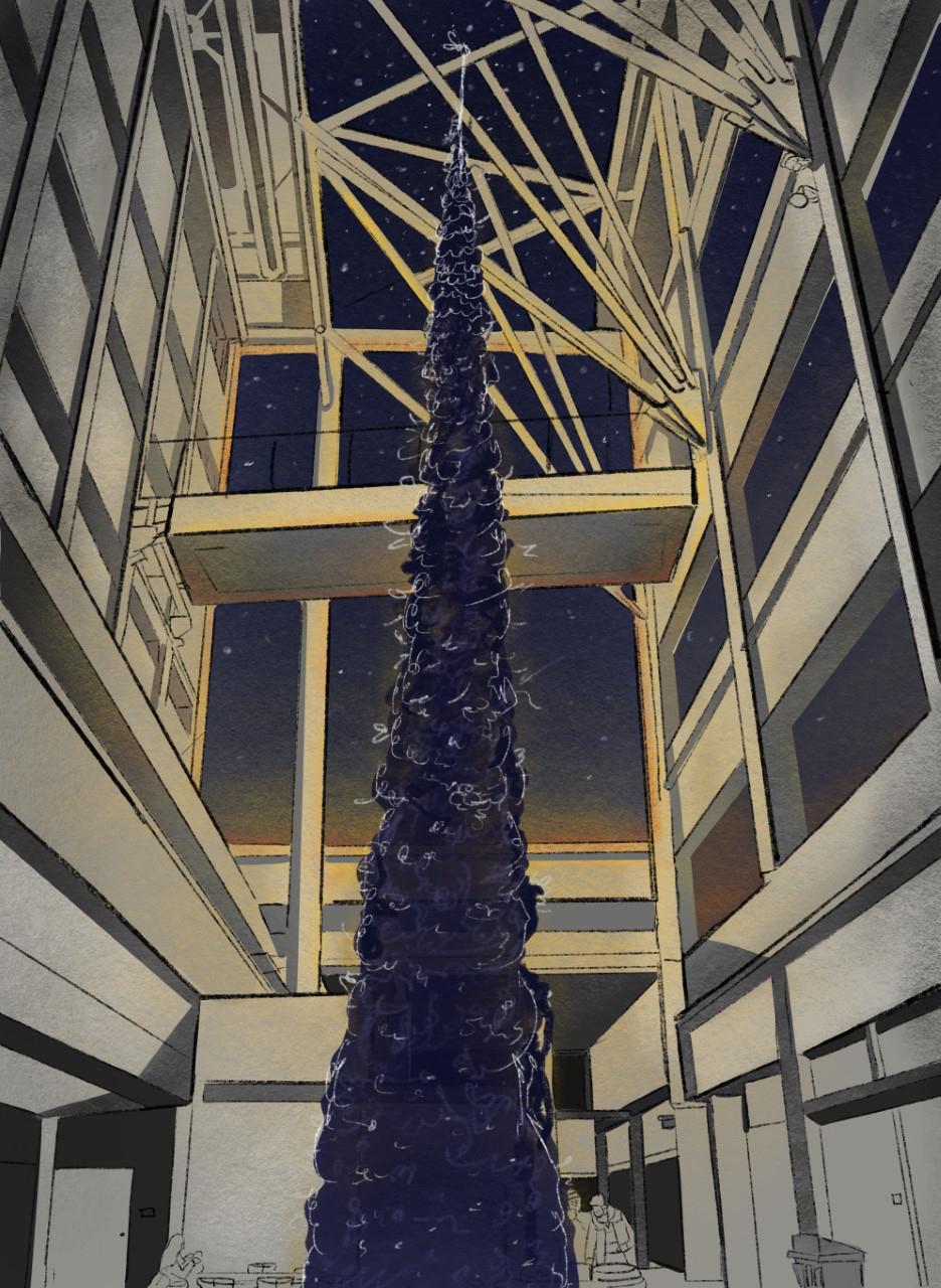 A rendering of a long blue cloth sculpture hanging from the ceiling.