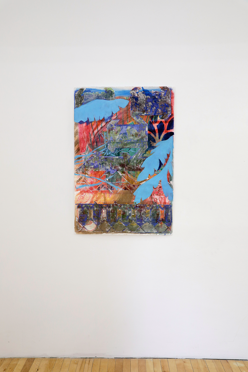 Multimedia artwork with blue. leaves on a wall.