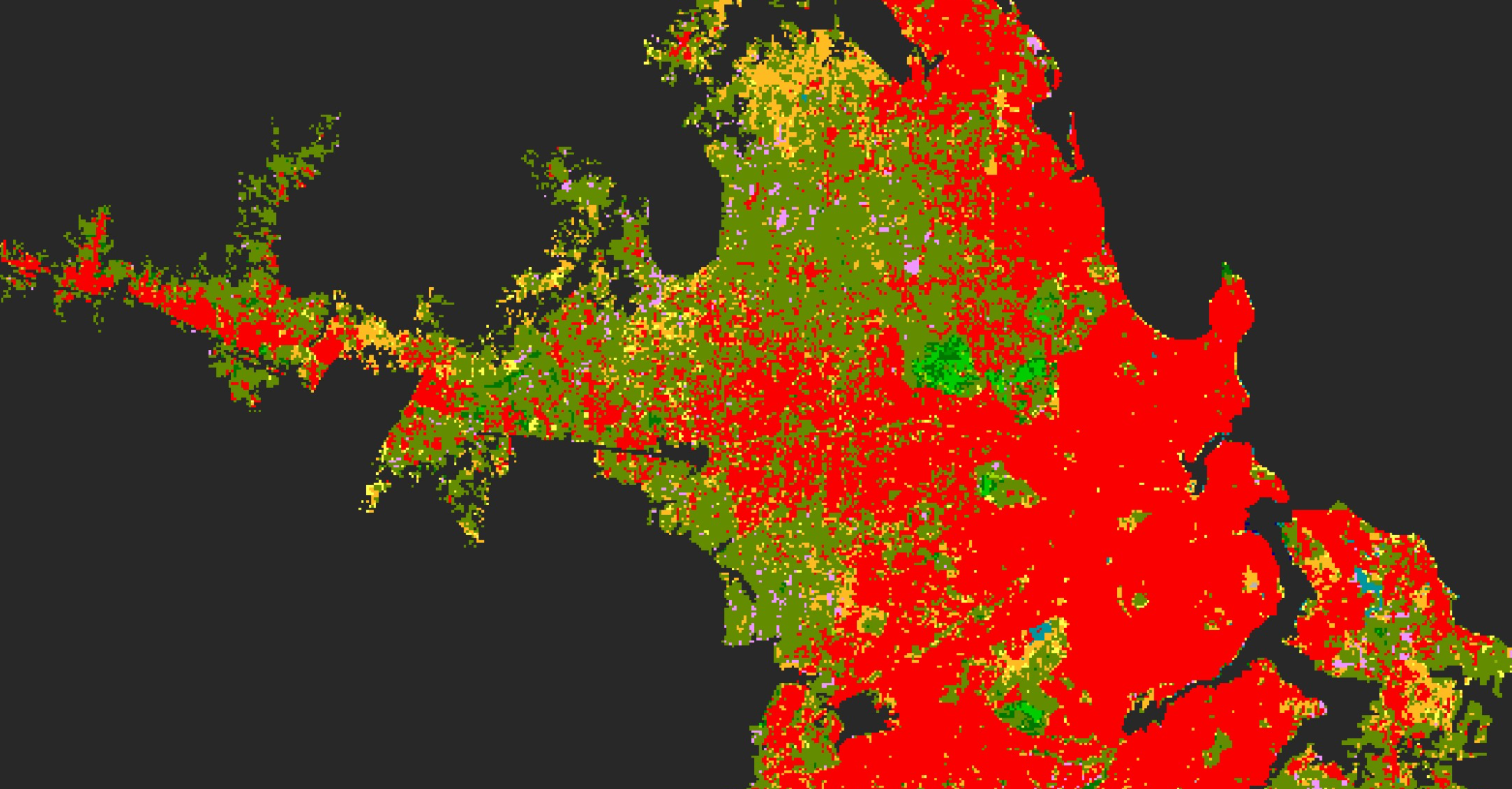 Brightly coded red, green, and yellow map.