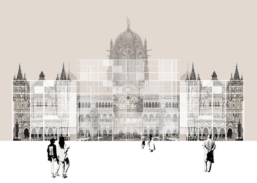 Rendering of the facade of an ornate building.