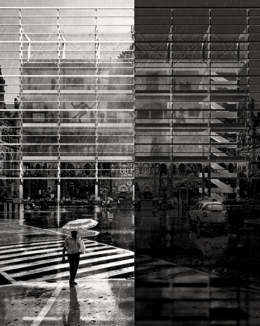 A multilevel building framed with material that resembles scaffolding.