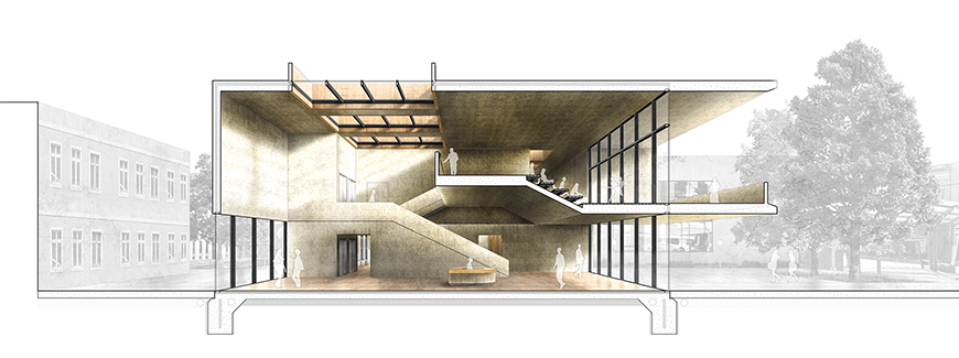 A diagram rendering of a music hall with people in an atrium.