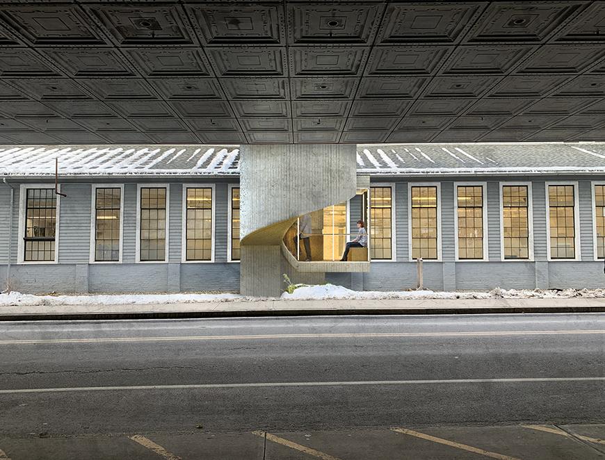 Exterior staircase that is overlaid on an existing photo of a window-lined building.