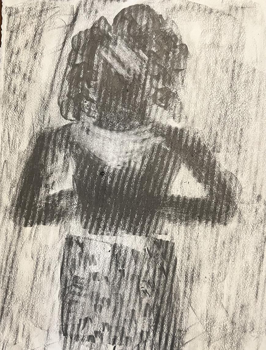 Charcoal drawing of a person with their hands behind their back.