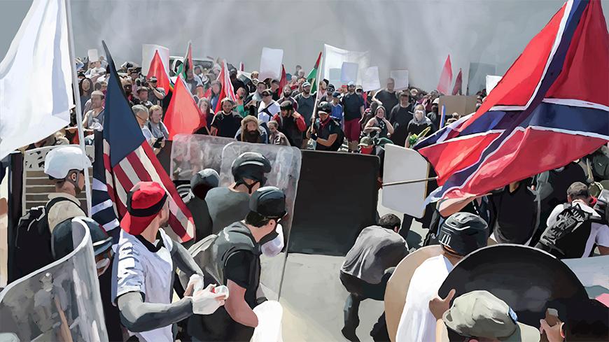 A digital painting of a crowd with flags and police officers in the foreground with plastic shields.
