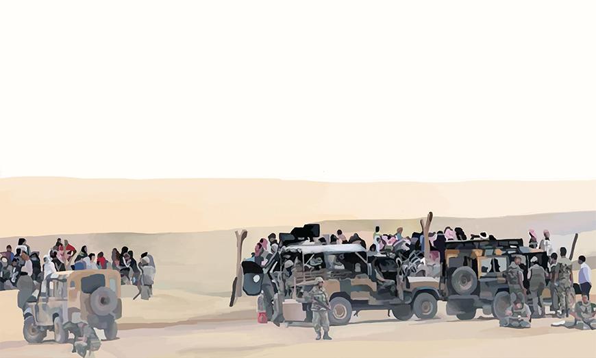 A digital painting of military vehicles with people inside and around them in a desert setting.