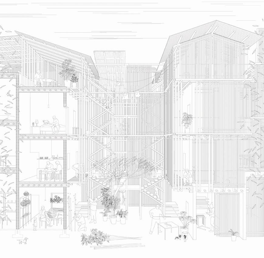 A detailed drawing of multiple layers of a residential building with a central staircase.