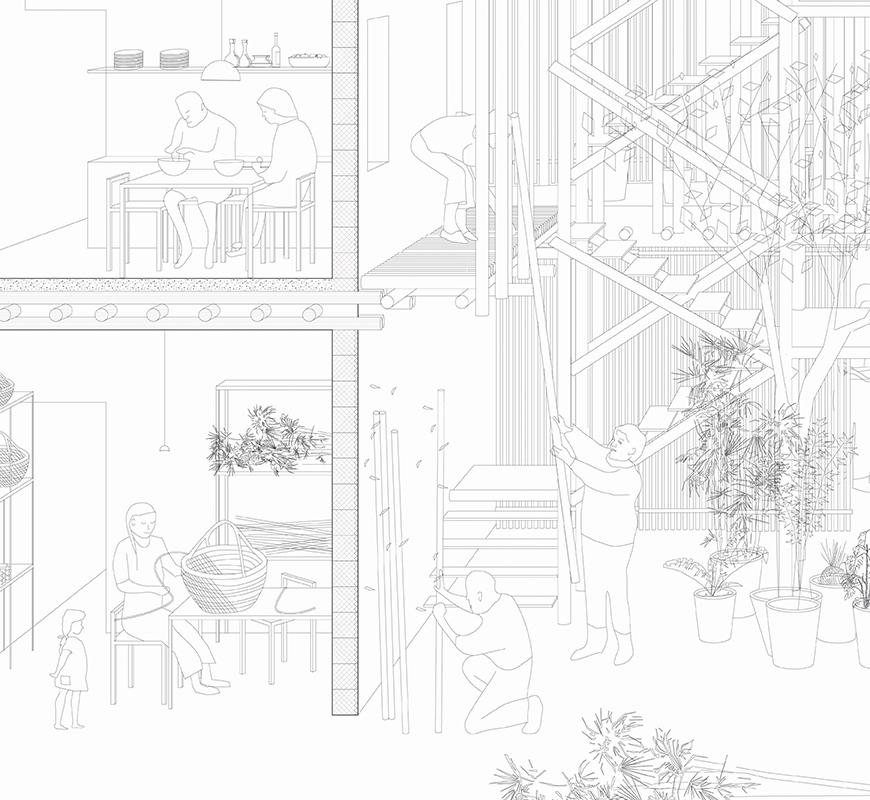 A drawing of three rooms of a residential building with people engaging in domestic activities like eating, crafting, and home improvement, in each room.