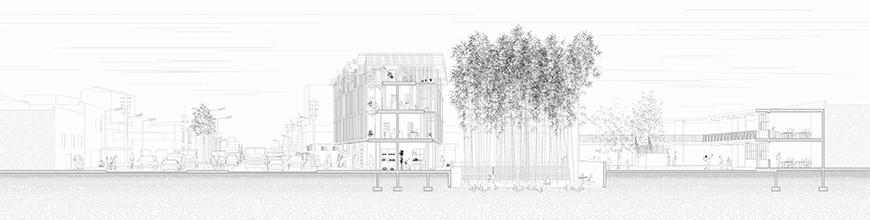 Long section diagram buildings with residential areas, trees, and outdoor living areas.