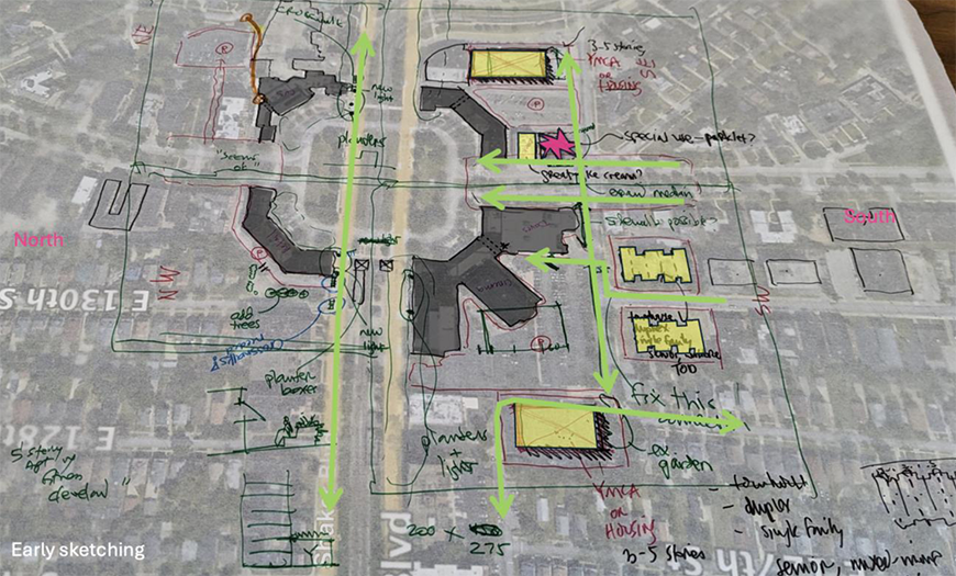 A sketch of a proposed neighborhood drawn on top of an existing map.