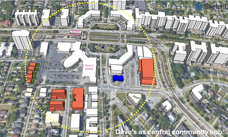 A sketch of a proposed neighborhood drawn on top of an existing map.