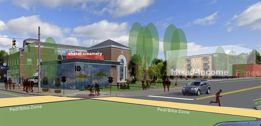 Rendering of a street crossing with proposed residential and retail zones.