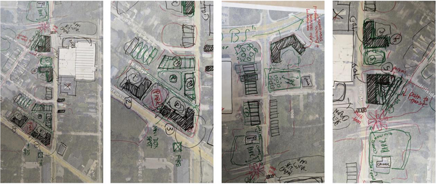 Drawings of new map designs superimposed on top of existing maps.