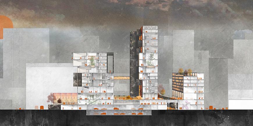 Digital rendering of an architectural model that displays the interior floors.