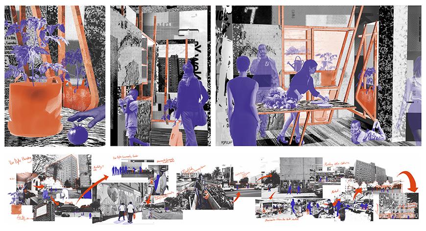 Graphic rendering of a design studio with people viewing wares that are for sale.