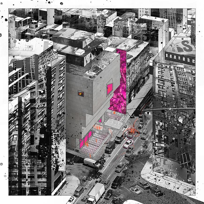 Rendering of a city block with bright pink murals on the side of one building.