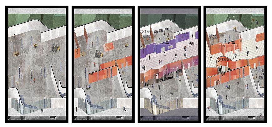 Four renderings of a outdoor plaza that showcase progressive construction of the buildings.