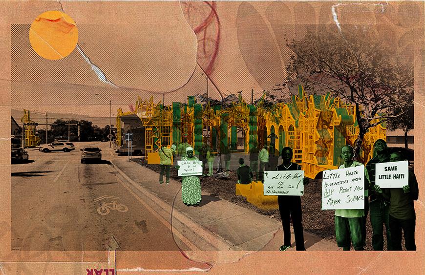 Edited photograph of a street with overlaid buildings and people with protest signs.