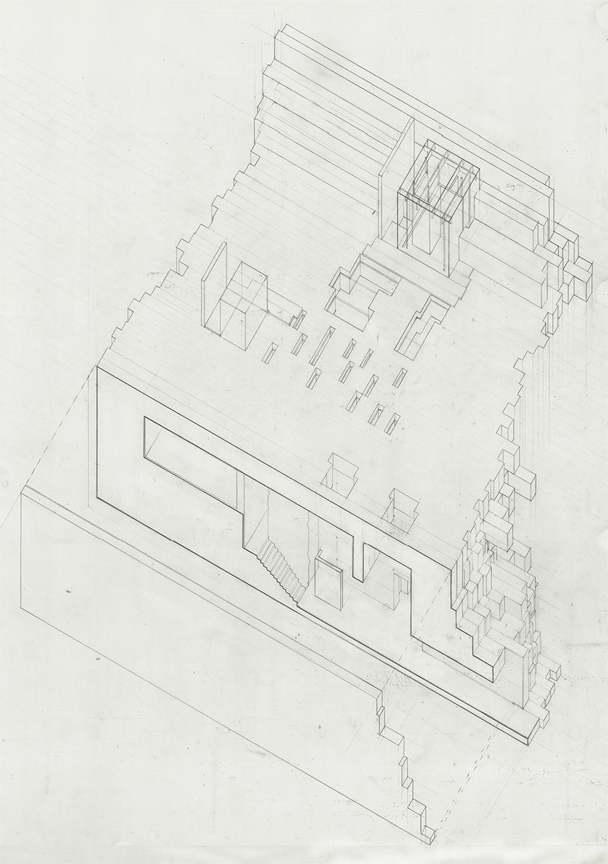 Pencil drawing of a top-down view of an architectural model.