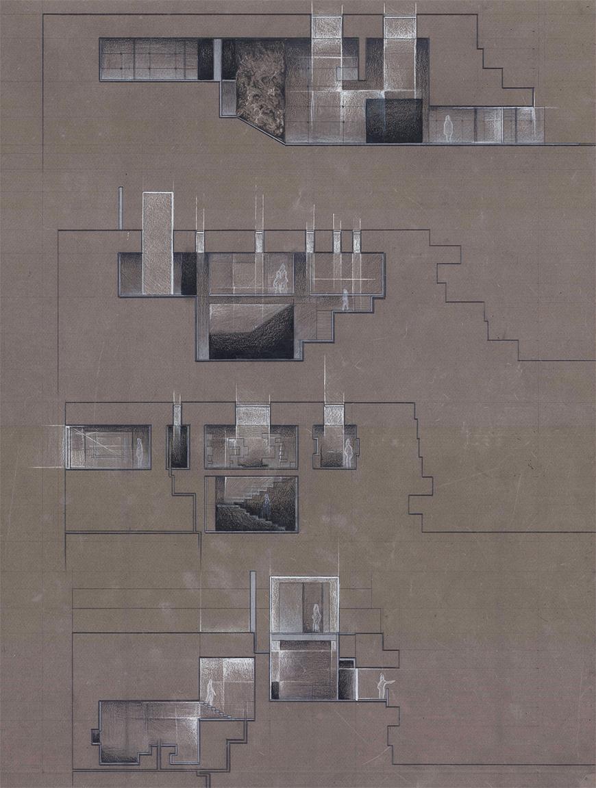 Shaded pencil drawing showing various sections of an architectural model on a brown piece of paper.