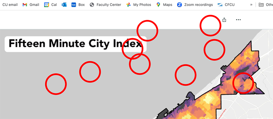 A rendering of a heat map with red circles scattered throughout the page.