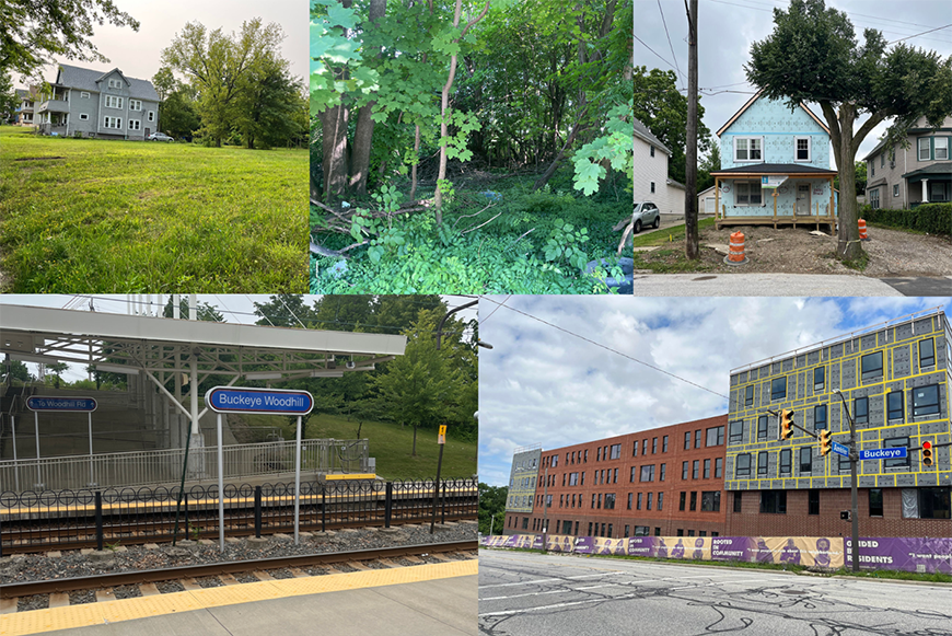 Photo collage of five images of a neighborhood, including a train station, two homes, a forest, and a city street.