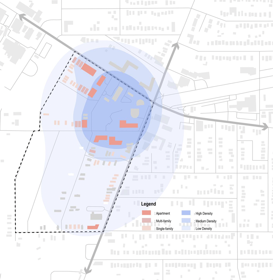 A rendering of a neighborhood map with overlaid blue shapes to denote certain densities of a population.
