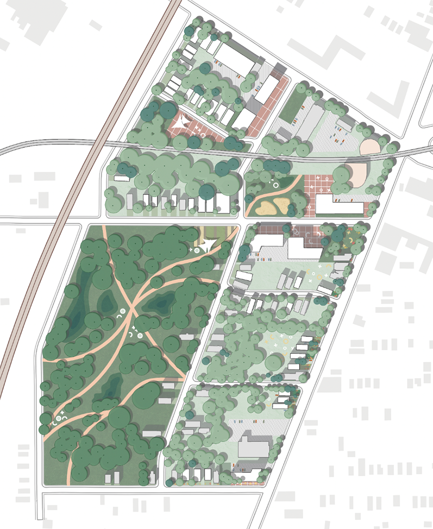 Rendering of a map that features many green spaces and a few scattered buildings.