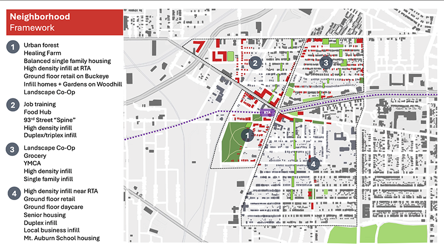Neighborhood map with color coded buildings and black text on the left side.