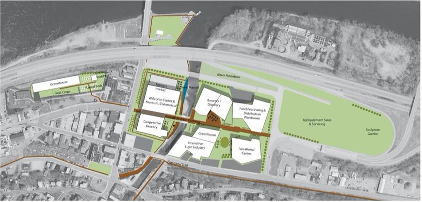 Aerial view of a waterfront neighborhood with an overlay depicting a new proposed set of buildings and gardens.