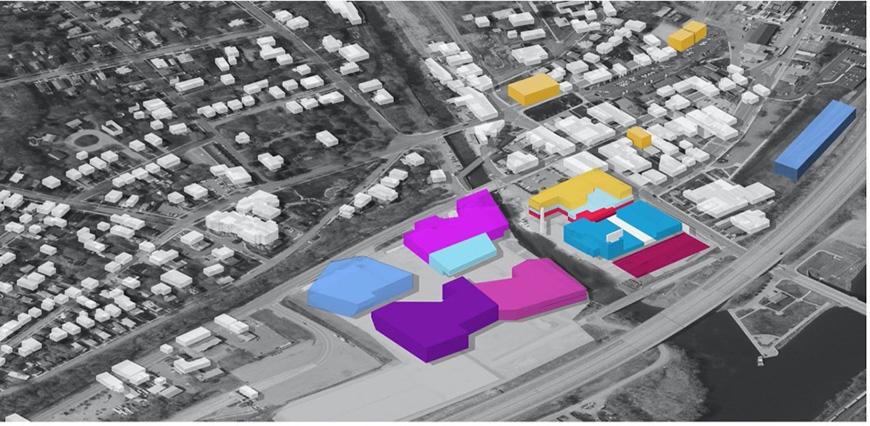 Black and white photograph of an industrial beachfront neighborhood with superimposed buildings in bright colors.