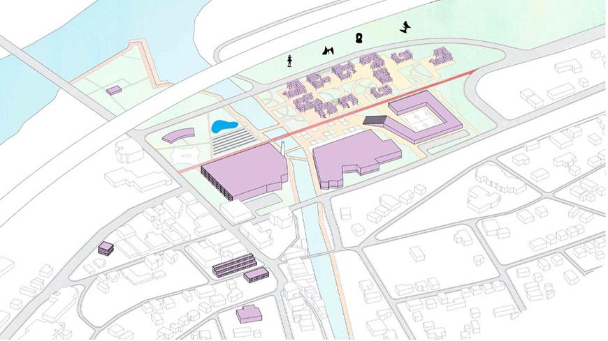 Rendering of a site plan depicting green space, mixed-use buildings, and manufacturing facilities.