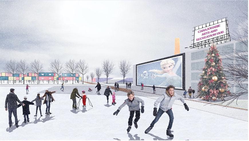 Rendering of a skating rink with billboards, trees, and people skating.