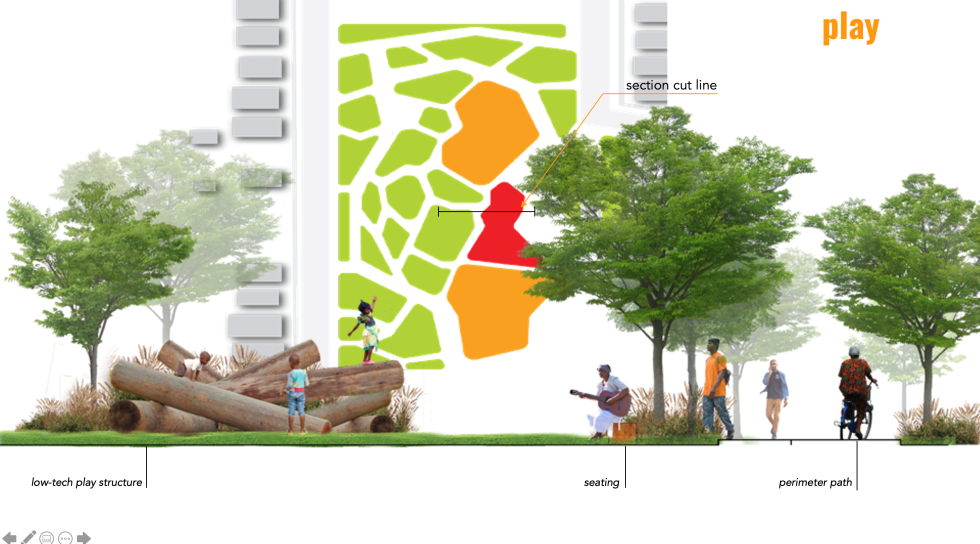 Superimposed map behind a rendering of a park with trees.