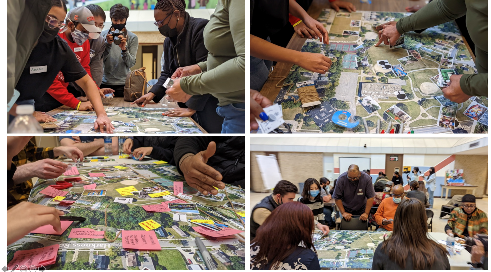 Photo collage of people observing a table covered in a map with sticky notes on the map.