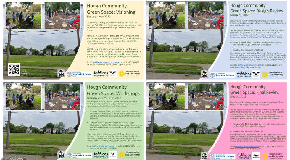 Quadrant of research posters outlining four stages of a project, including visioning, design review, workshops, and a final review.