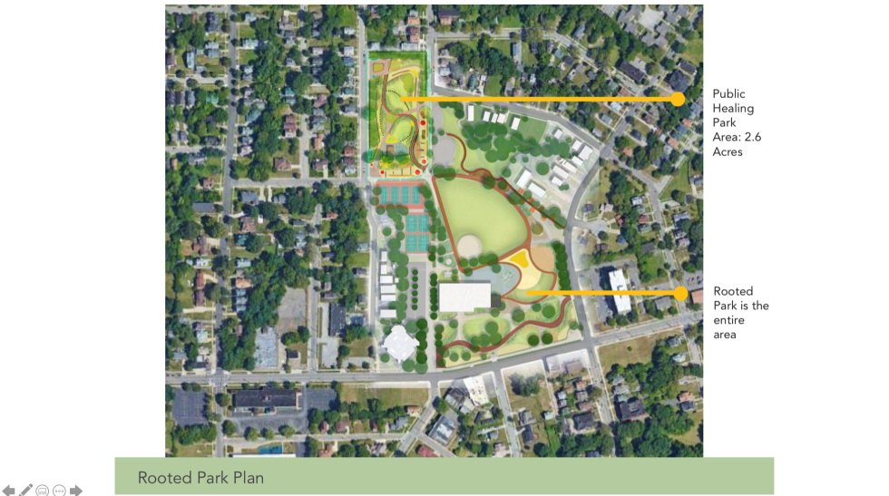 Aerial photograph of a neighborhood with superimposed graphics highlighting a public park proposal.
