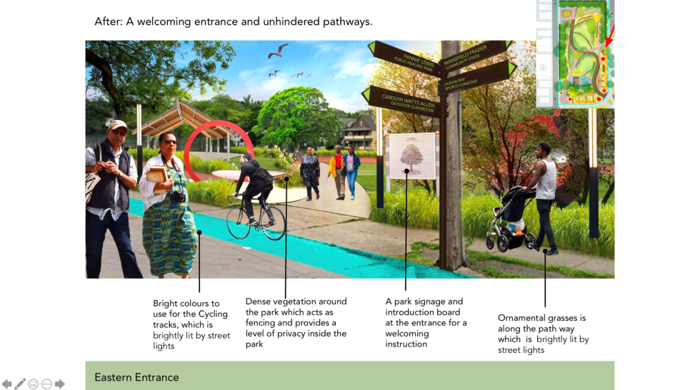 Rendering of a public park with a bike path and pedestrians walking around the space.