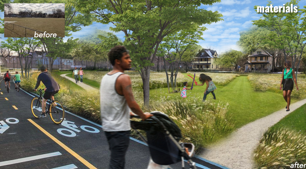 People using a bike lane and walking through a park with houses in the background.