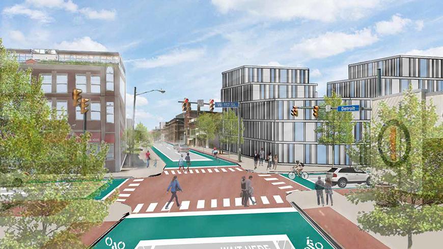 Rendering of a city intersection with four crosswalks, buildings, and trees.