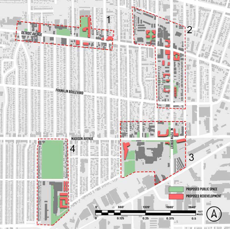 Map of Lakewood, Ohio with various sections bordered with a dashed red line and filled in with red and green shapes.