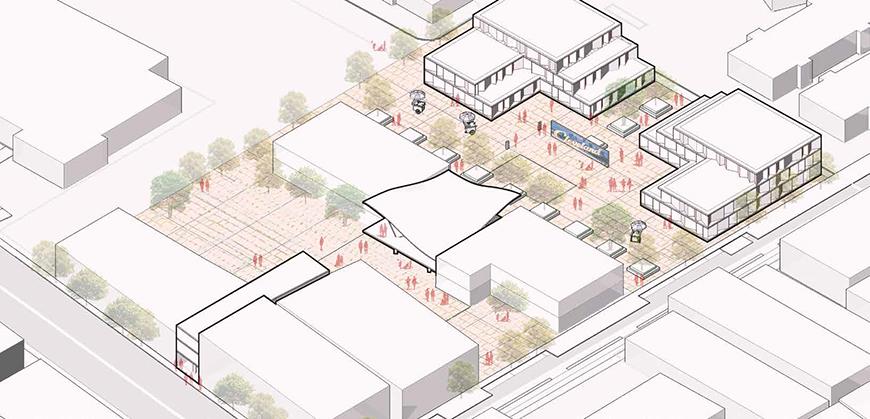 Rendering of a city block with outdoor space in between buildings.