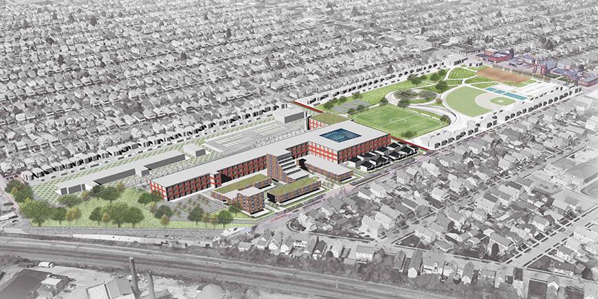 Rendering of an aerial view of a city block with large brick buildings.