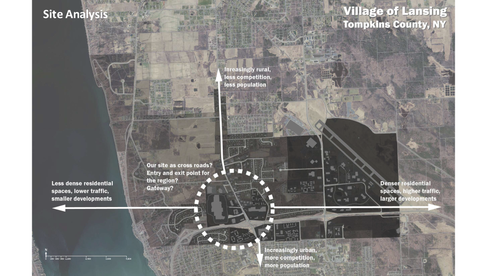 Map view of the Village of Lansing with an overlay illustrating key features of each area.