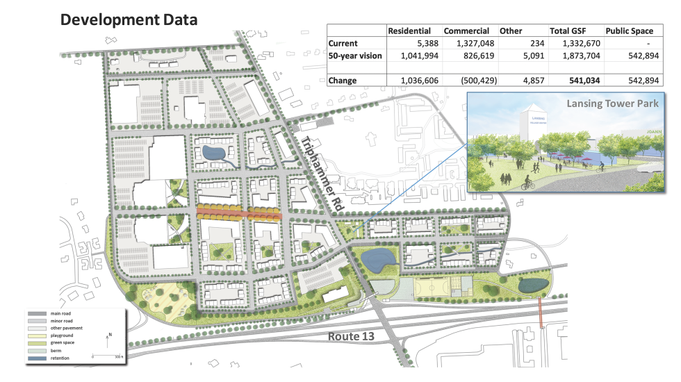 Rendering of a neighborhood map with color coding for playgrounds, green space, and roads.