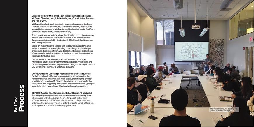 Academic poster with text on the left side and a photo of a presentation with a rectangular table of audience members and one person at the front of the room showing a map on a screen.