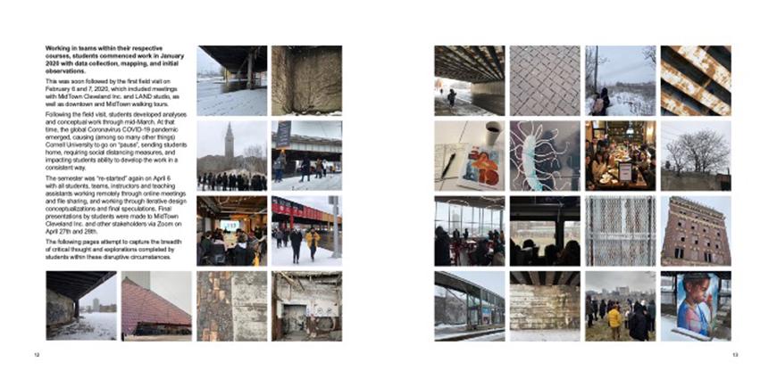 Two set of photo collages showing different aspects of a train station and surrounding city and green space areas.